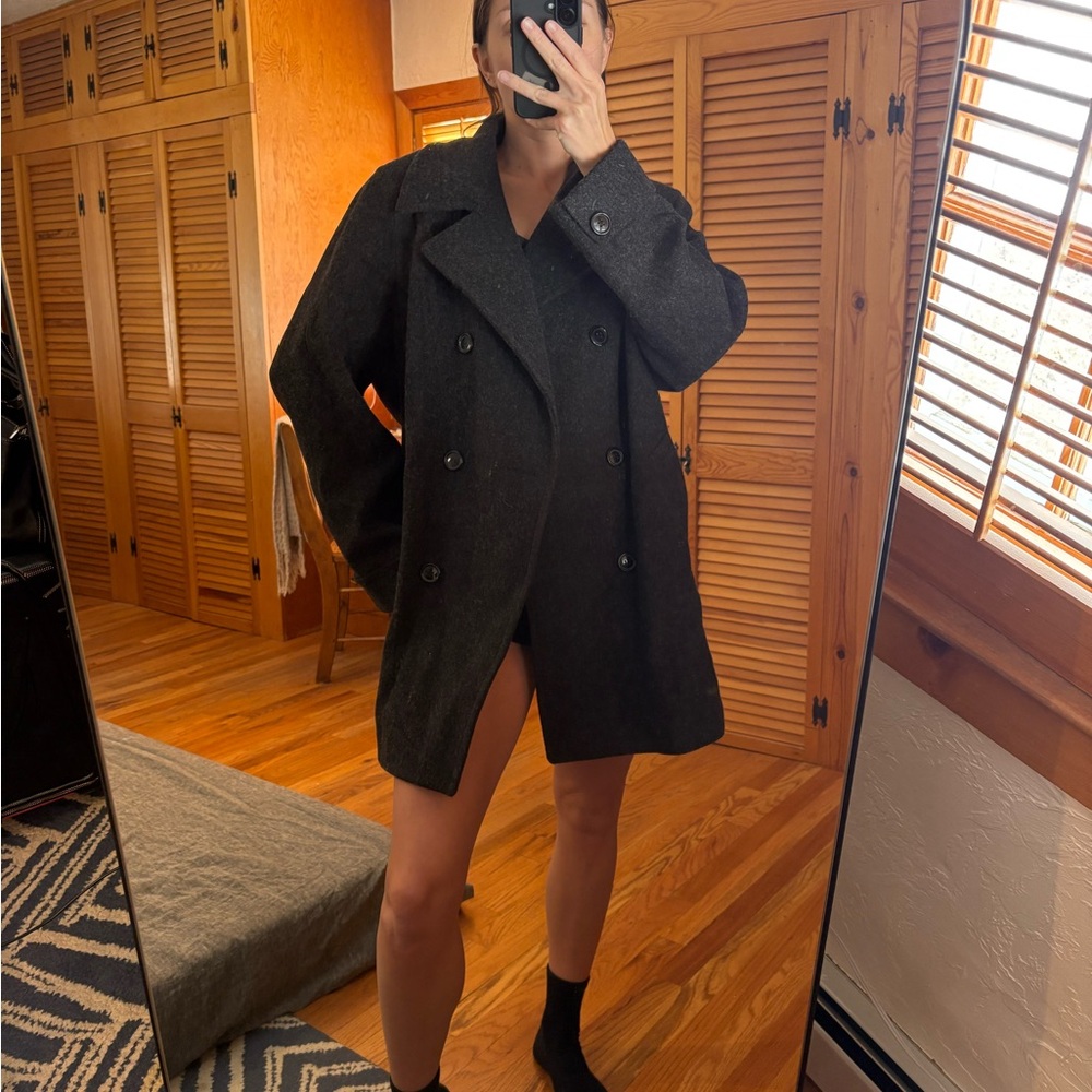 Women’s Double-Breasted 100% Wool Gray Black Coat - Picture 2 of 7